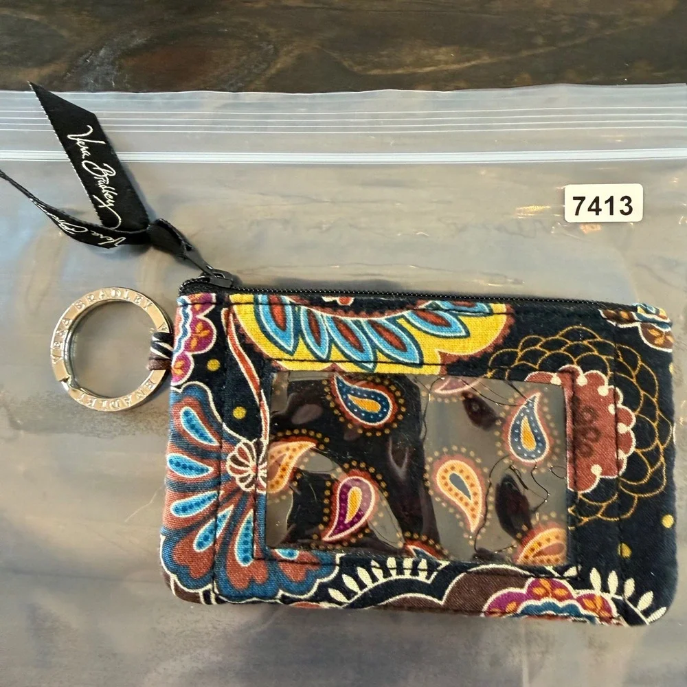 Vera Bradley Zip ID Case Womens Brown‎ Paisley Key Chain Wallet Coin Purse